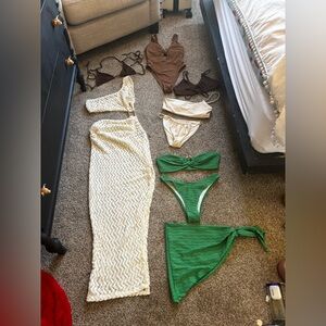 Green and Cream Women's cover up Set with several swimsuits! All fit size S/M